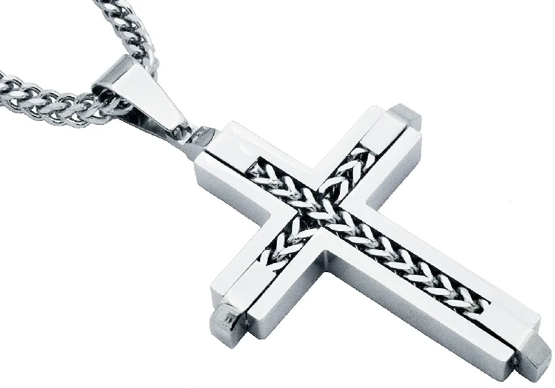 Simple Crystal Pendant Necklace-Mens Stainless Steel Cross Pendant Necklace With Franco Link Chain Inlay