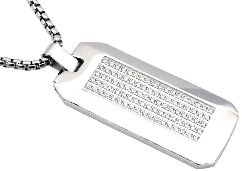 Pearl Chain Necklace-Mens Stainless Steel CZ Dog Tag Pendant Necklace With 24" Round Box Chain