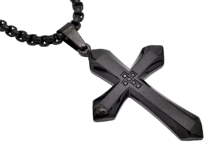 Large Statement Necklace-Mens Black Plated Stainless Steel Cross Pendant Necklace With Black Cubic Zirconia with 24" Round Box Chain