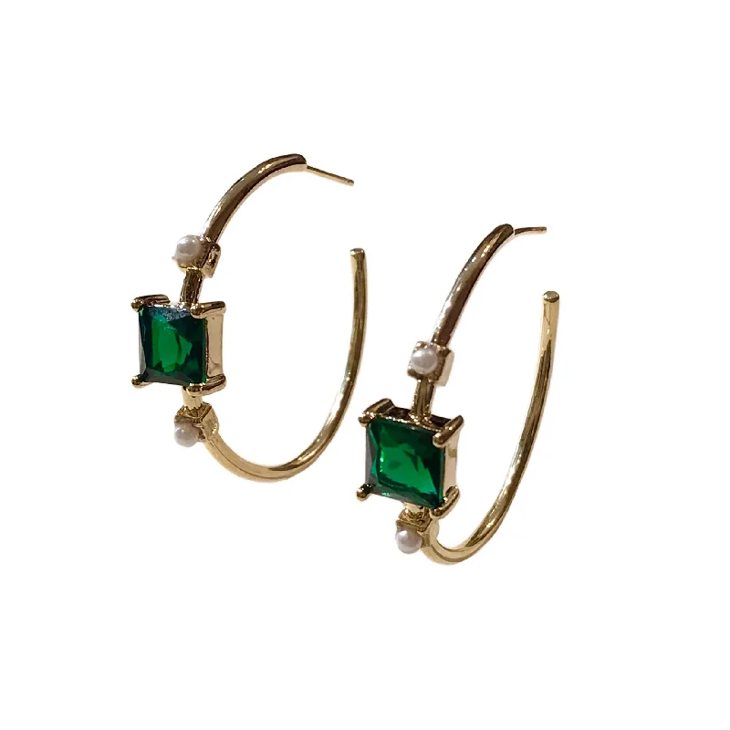 Long Gold Earrings-Square Pearl Bezel Hoops