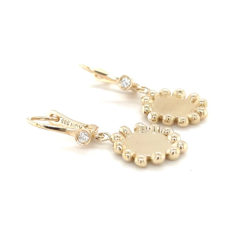 White Gold Earrings-Beaded Disk and Diamond Leverback Earrings