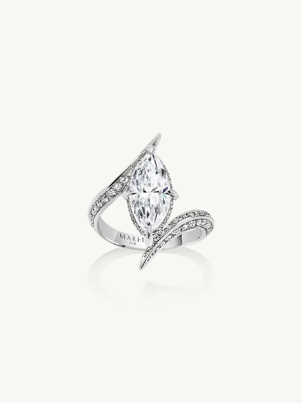 Two-Tone Wedding Ring-Ayla Arabesque Engagement Ring With Marquise-Cut White Diamond & Pavé-Set Brilliant White Diamonds In 18K White Gold