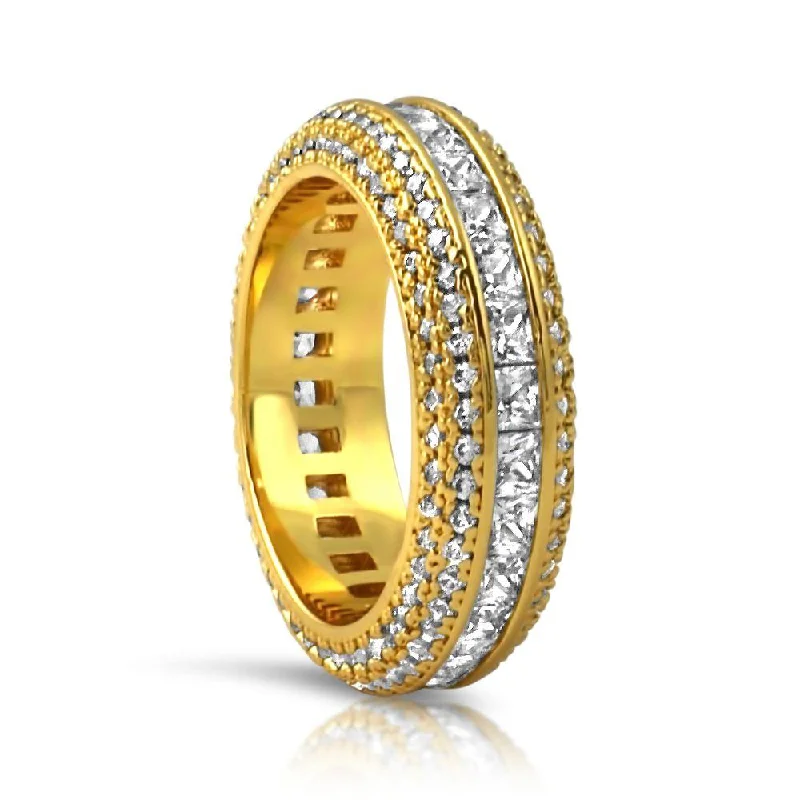 Gold Wedding Ring Set for Men-Princess Cut Channel Set Micro Pave CZ Eternity Band Ring in Gold