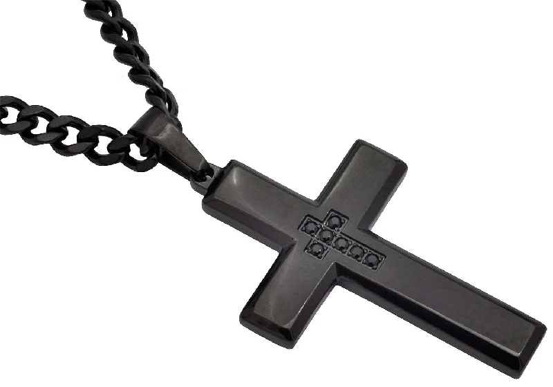 Elegant Choker Necklace-Mens Black Stainless Steel Cross Pendant Necklace With Black Cubic Zirconia