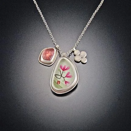 Handcrafted Gold Necklace-Narrow Organic Magnolia Charm Necklace with Pink Tourmaline