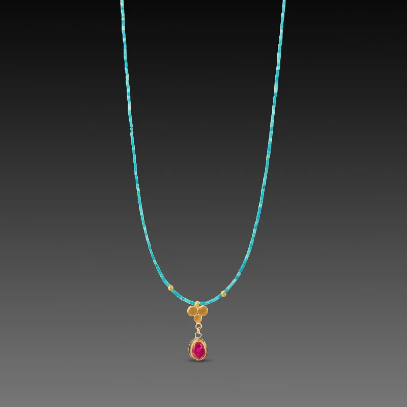 Designer Silver Necklace-Ruby and Gold Trio Turquoise Necklace