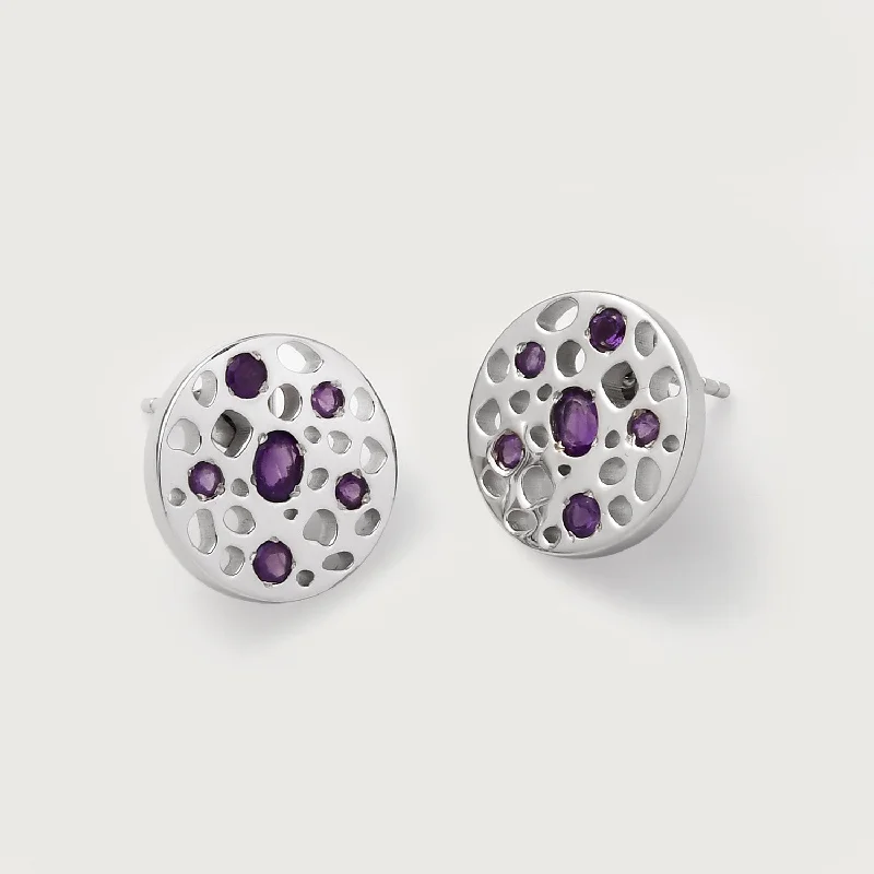 Elegant Statement Earrings-Lattice Disc Stud Earrings with Amethyst