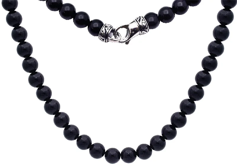 Natural Stone Pendant Necklace-Mens Genuine 8mm Onyx Stainless Steel Beaded Necklace