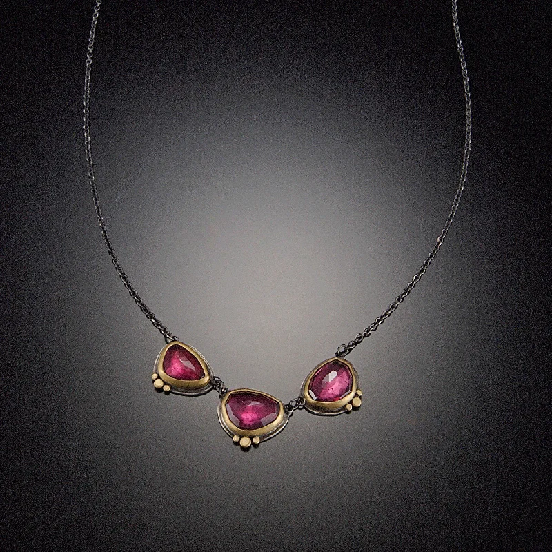 Silver Chain Necklace-Three Garnet Necklace with Gold Dots