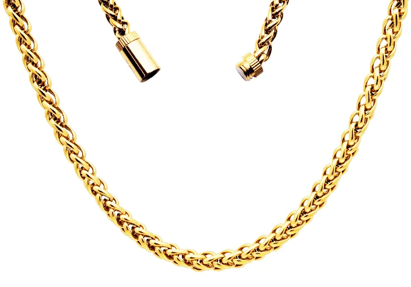 Handmade Chain Necklace-Mens Gold Plated Stainless Steel Wheat Link Chain Necklace With Magnetic Clasp