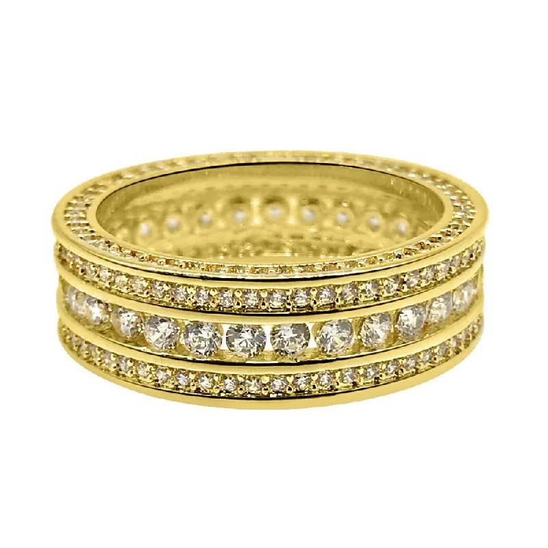 Unique Gemstone Ring-.925 Silver Channel Set 360 Eternity Band Gold CZ Bling Ring