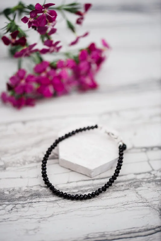 Minimalist Silver Bangle-Black Faceted Crystal Bracelet