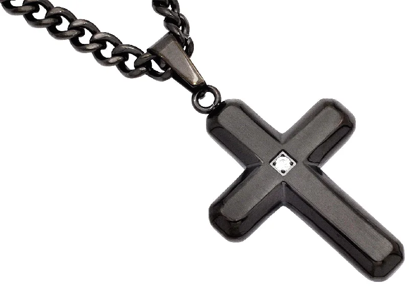 Fashion Gemstone Necklace-Mens Gunmetal Stainless Steel Cross Pendant Necklace With Cubic Zirconia