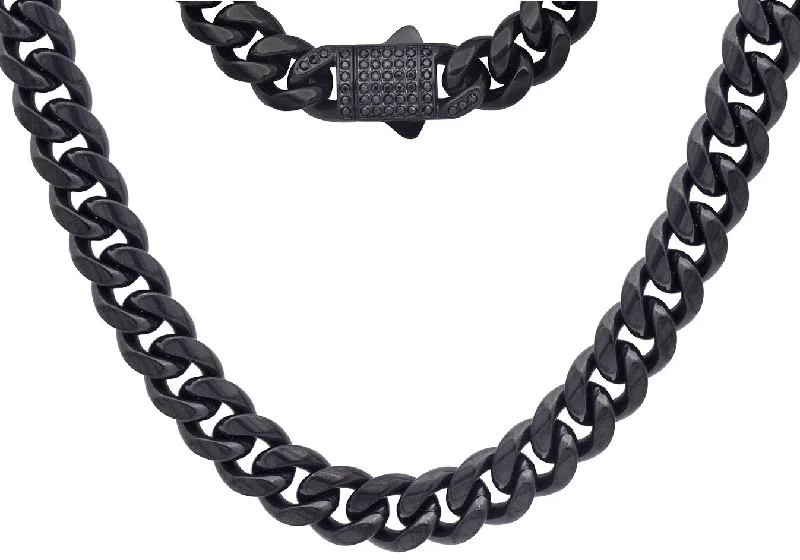 Luxury Diamond Necklace-Men's 12mm Black Stainless Steel Miami Cuban Link Chain Necklace With Black CZ Box Clasp