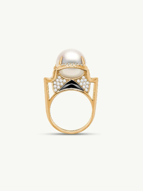 Men’s Gold Ring-Isis Goddess Ring With White South Sea Pearl & Pavé-Set Brilliant White Diamonds In 18K Yellow Gold