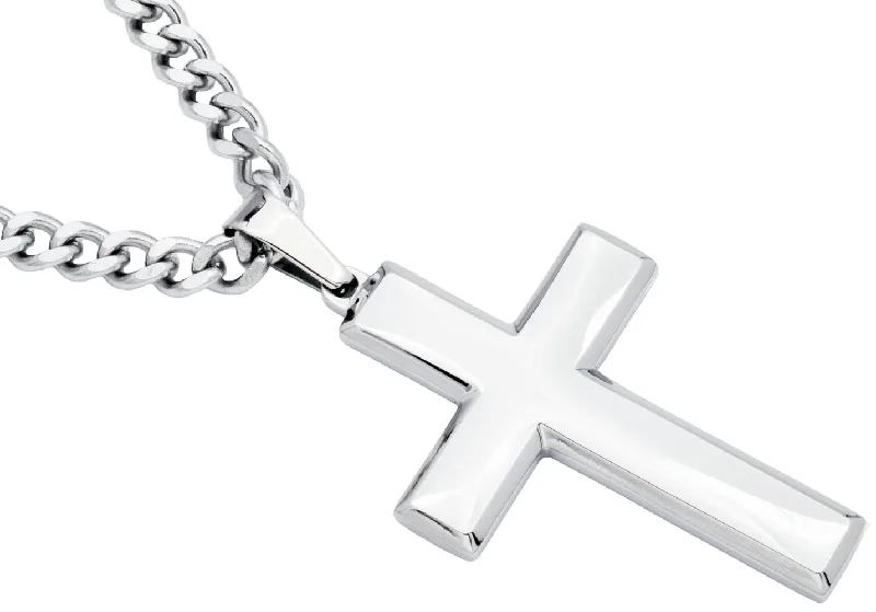 Custom Birthstone Necklace-Mens Polished Stainless Steel Cross Pendant Necklace