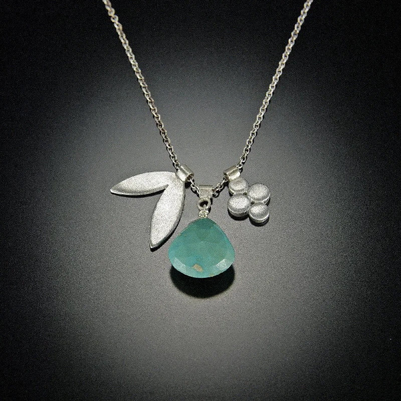 Long Diamond Pendant Necklace-Turquoise Charm Necklace With Double Leaf and Small Disk