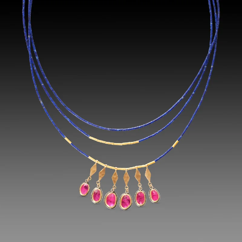 Elegant Choker Necklace-Lapis, Rubies & Gold Necklace