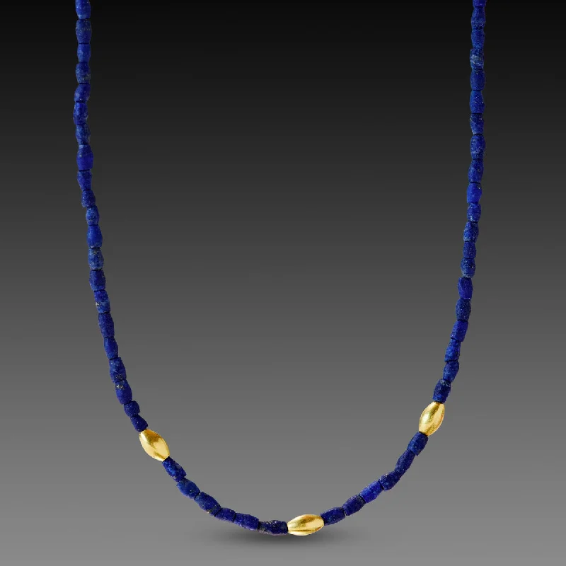 Butterfly Pendant Necklace-Lapis Necklace with Gold Rice Beads