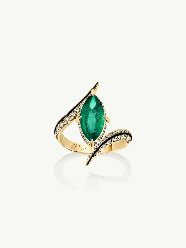 Custom Nameplate Ring-Ayla Arabesque Brilliant Marquise-Cut Emerald Ring With Pavé White Diamonds & Enamel In 18K Yellow Gold