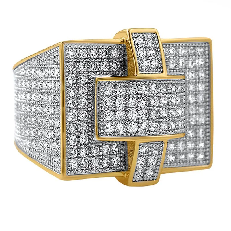 Large Gemstone Ring-Cross Iced Out Gold CZ Bling Bling Ring