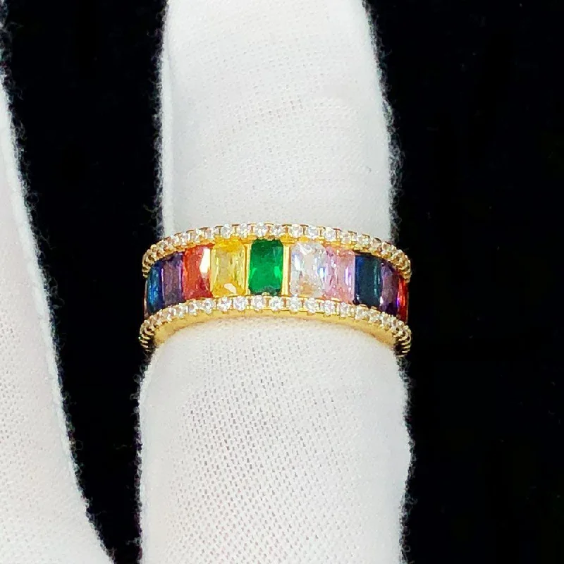 Wedding Band Set with Opals-Colorful Baguette Eternity Gold Iced Out Ring .925 Sterling Silver