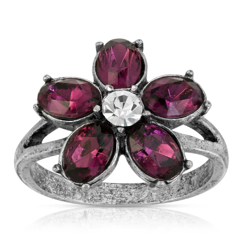 Custom Gemstone Wedding Ring Set-1928 Jewelry Pewter Purple And Clear Crystal Floral Ring Size 7