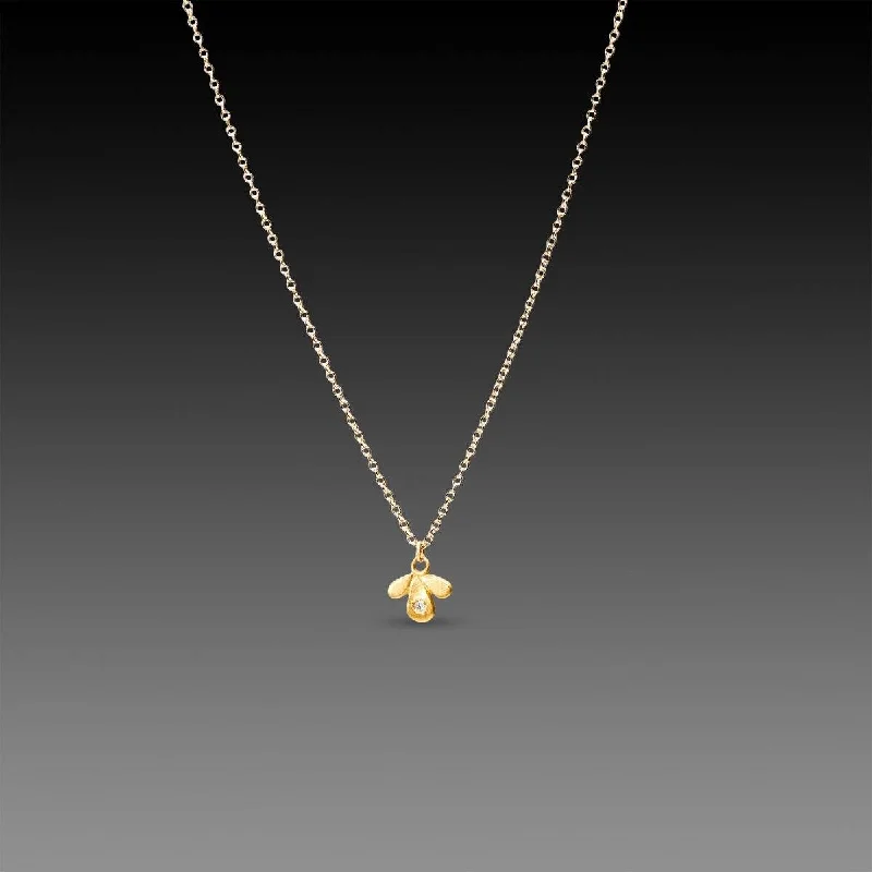 Sterling Silver Chain Necklace-Tiny Gold Leaf Trio Necklace with Diamond