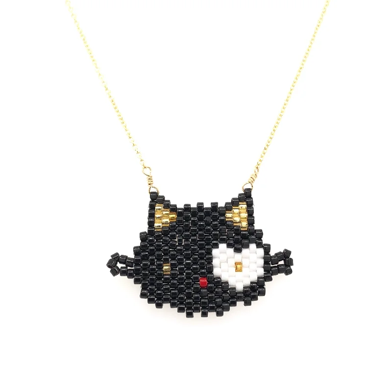 Handmade Chain Necklace-Seed Bead Black Hello Kitty Necklace