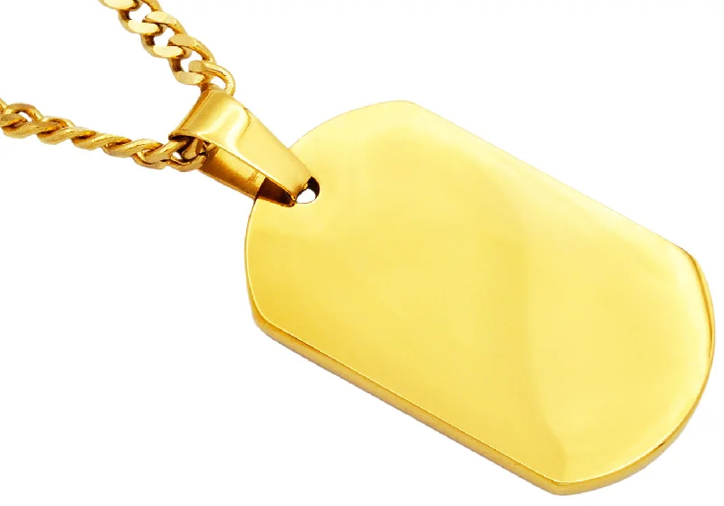 Cute Heart Necklace-Mens Gold Stainless Steel Engravable Dog Tag Pendant Necklace With 24" Gold Curb Chain