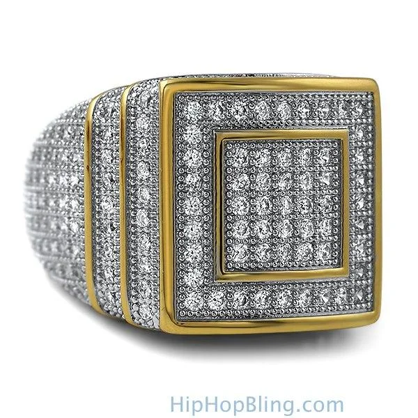 Emerald Cut Wedding Ring-Ice Stacked Gold CZ Micro Pave Iced Out Ring