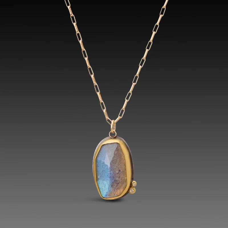 Dainty Gold Pendant Necklace-Labradorite Necklace with Diamonds