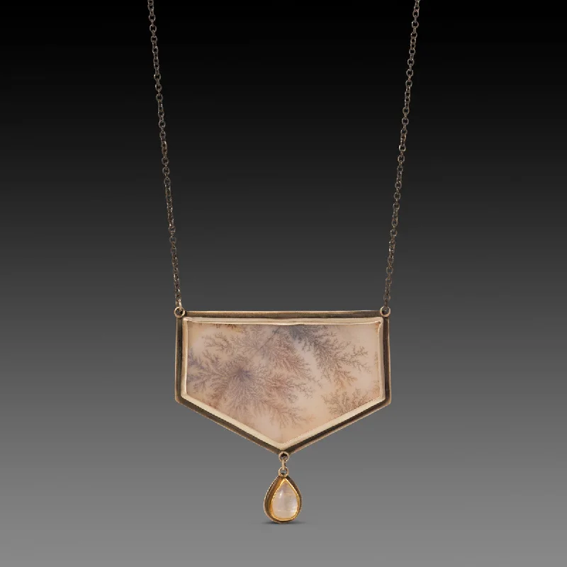 Small Gold Necklace-Dendritic Agate & Moonstone Drop Necklace