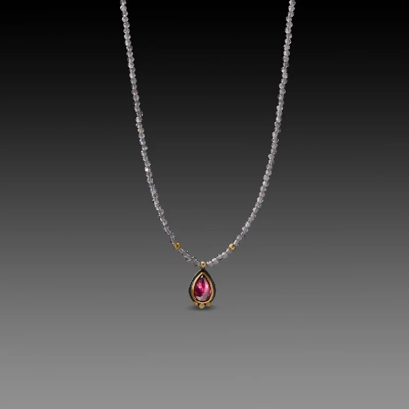 Geometric Gold Necklace-Rhodolite Garnet with Labradorite Beads Necklace