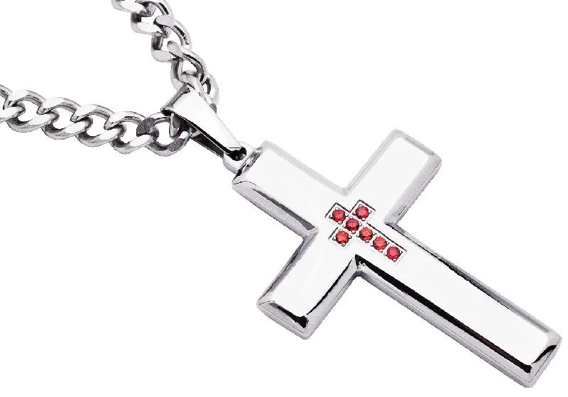 Wedding Necklace for Bridesmaids-Mens Polished Stainless Steel Cross Pendant Necklace With Red Cubic Zirconia