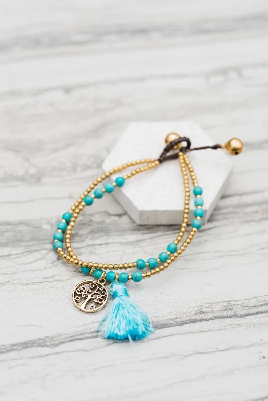 Vintage Diamond Bracelet for Women-Double Turquoise Tassel Bracelet