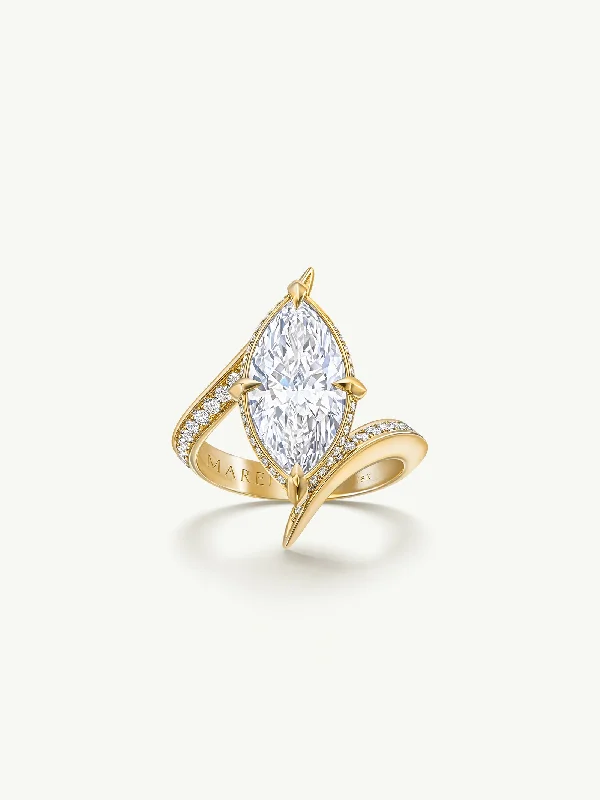 Classic Wedding Band with Diamonds-Ayla Arabesque Engagement Ring With Brilliant Marquise-Cut White Diamond & Half Pavé-Set Brilliant White Diamonds In 18K Yellow Gold