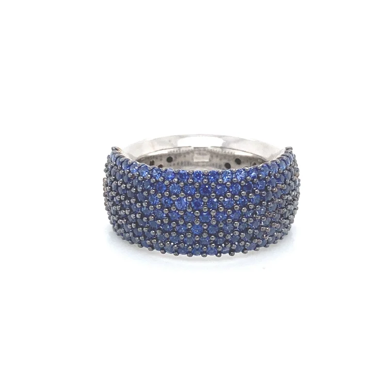 Gemstone Wedding Band Set-Savoia Blue Sapphire 1/2 Around Pave Ring