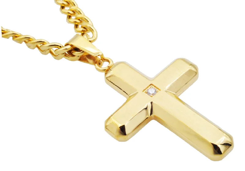 Personalized Pendant Necklace-Mens Gold Stainless Steel Cross Pendant Necklace With Cubic Zirconia