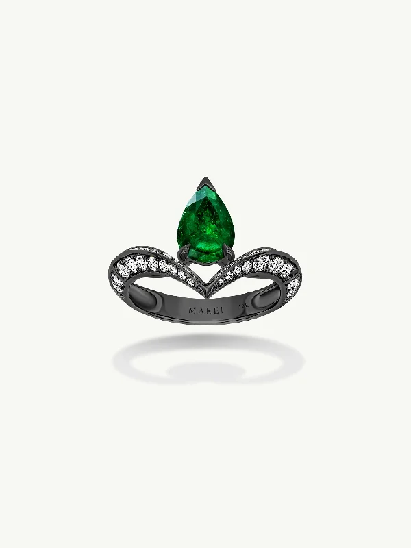 Adjustable Ring for Women-Dorian Floating Teardrop-Shaped Emerald Engagement Ring In 18K Blackened Gold