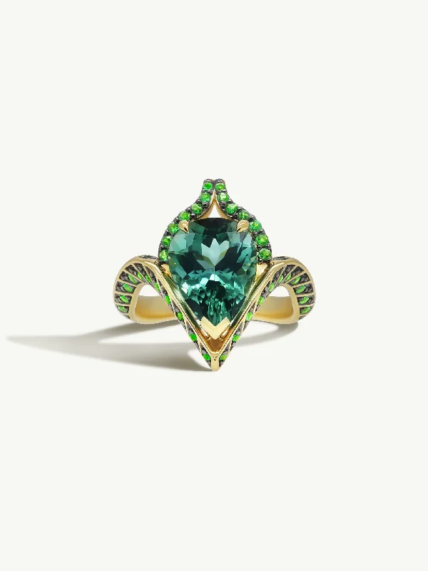 Rose Gold Engagement Ring-Oceanna Ring With Mint Green Tourmaline & Brilliant-Cut Tsavorite Garnets In 18K Yellow Gold