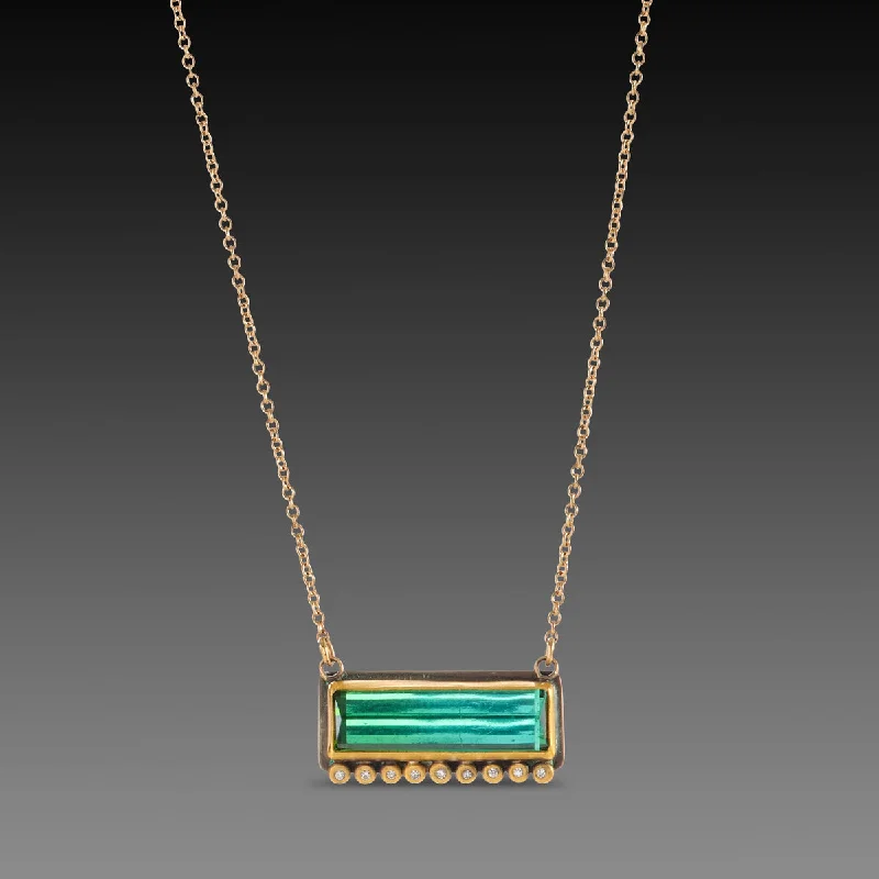 Unique Silver Necklace-Green Tourmaline Necklace with Diamond Line