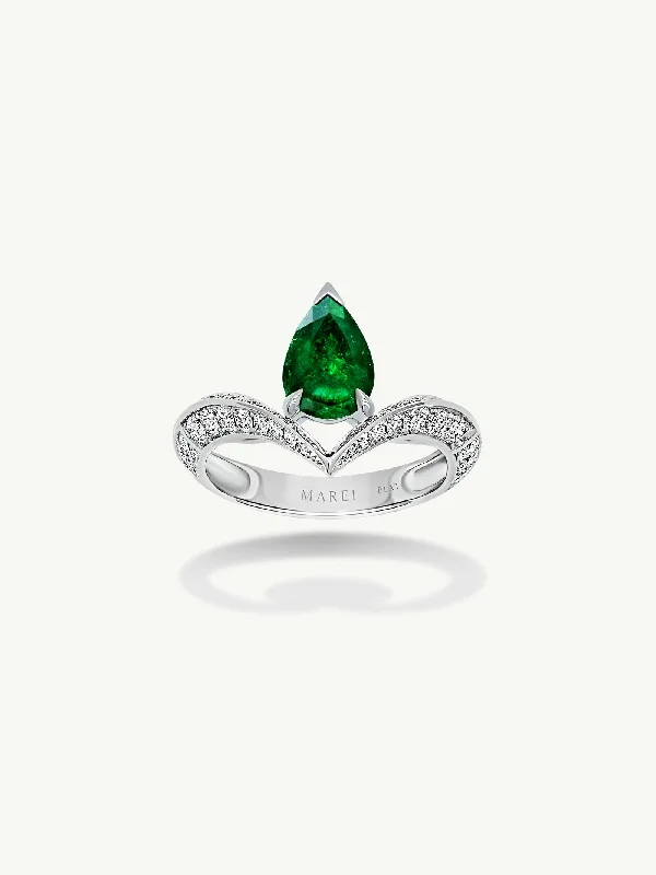 Custom Ring with Initials-Dorian Floating Teardrop-Shaped Emerald Engagement Ring In Platinum