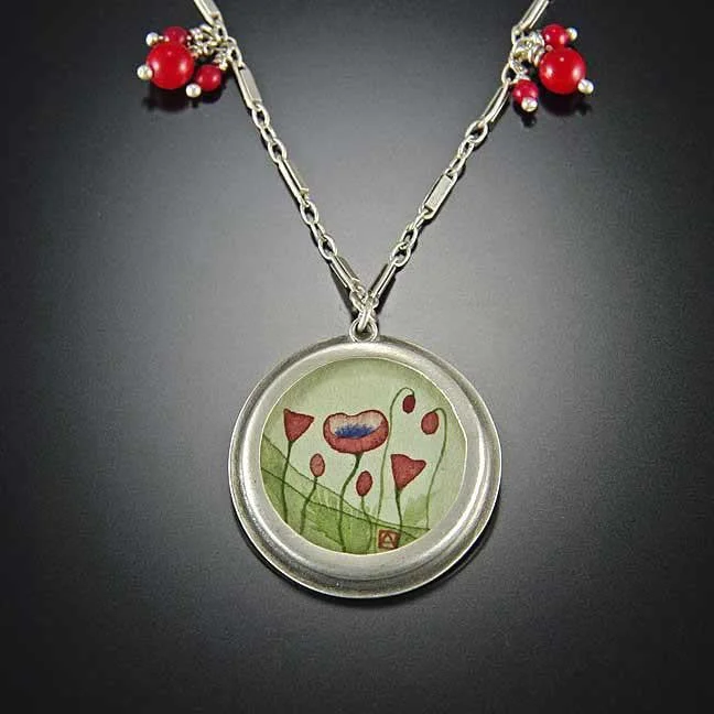 Personalized Silver Necklace-Round Poppy Necklace with Coral