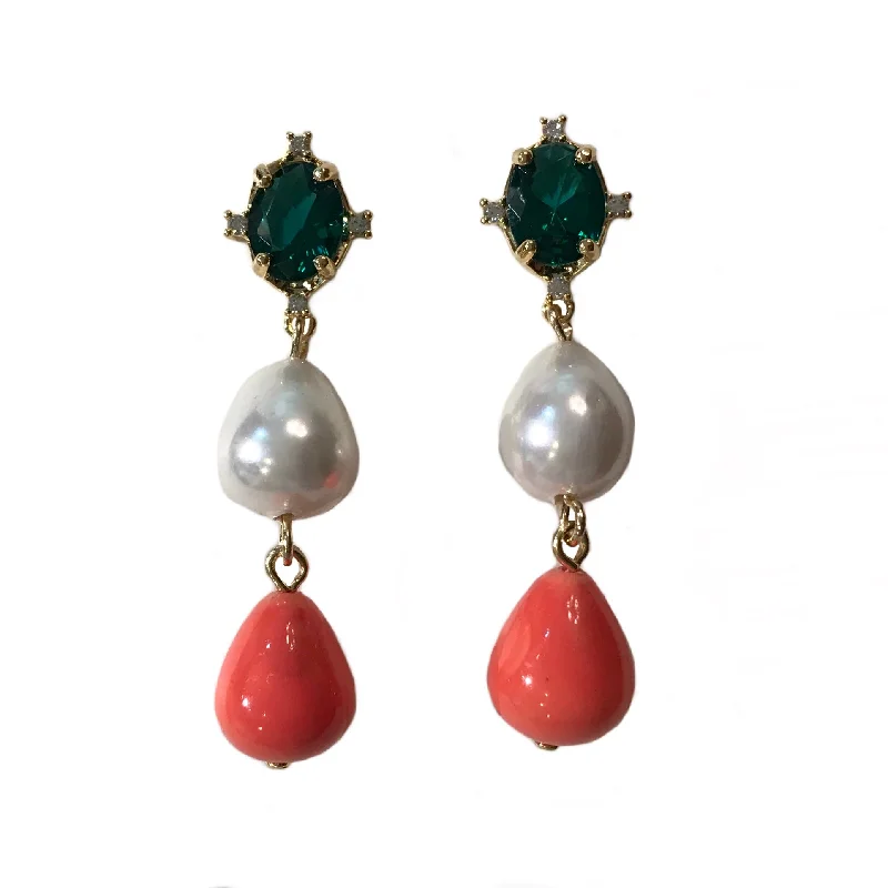 Handmade Drop Earrings-Emerald Pearl Drop Statement Earrings