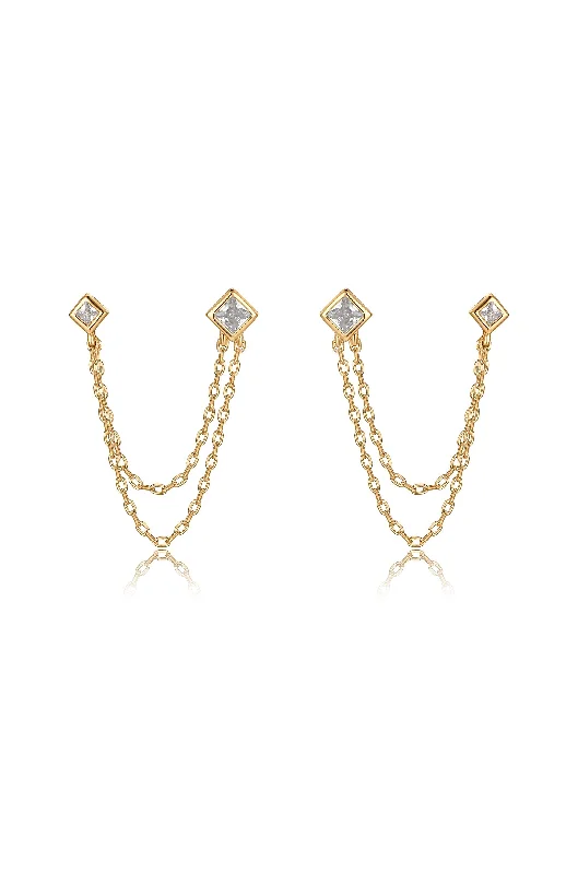 Unique Gemstone Earrings-Double Piercing Diamond Shape Earrings