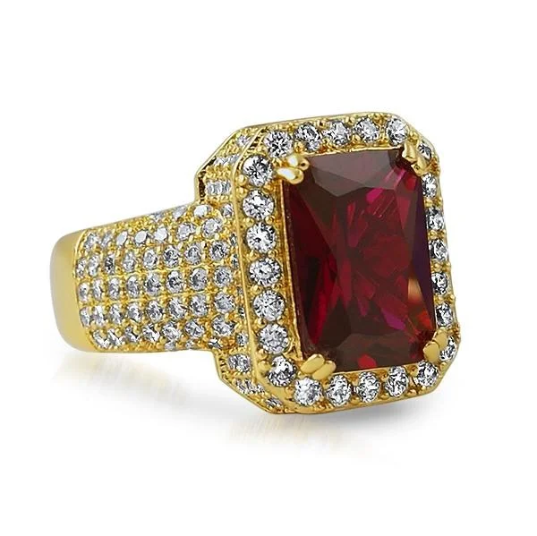 Elegant Silver Ring-Rick Ross Style Gold Iced Out Lab Ruby Bling Ring