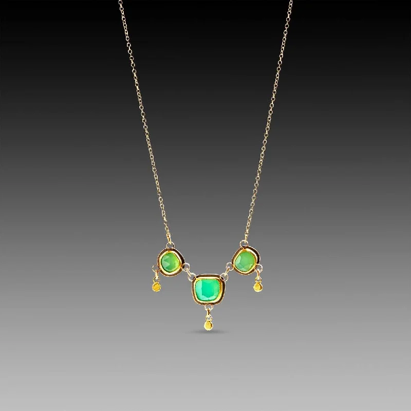 Gold Bead Pendant Necklace-Chrysoprase Necklace with Gold Drops