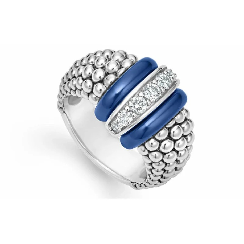 Custom Wedding Band for Women-Lagos Sterling Silver Blue Ultramarine Caviar 1 Diamond Station Fashion Ring