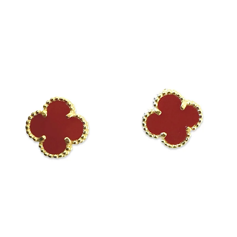 Shiny Hoop Earrings-Flora Red Bezel Studs